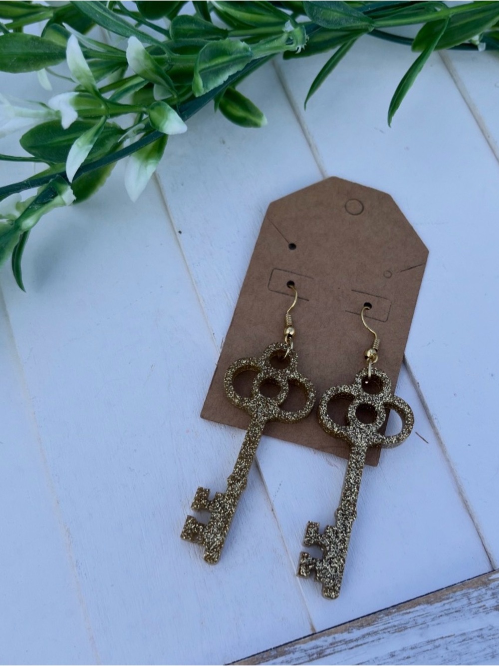 Gold Glitter Key Dangle Earrings
